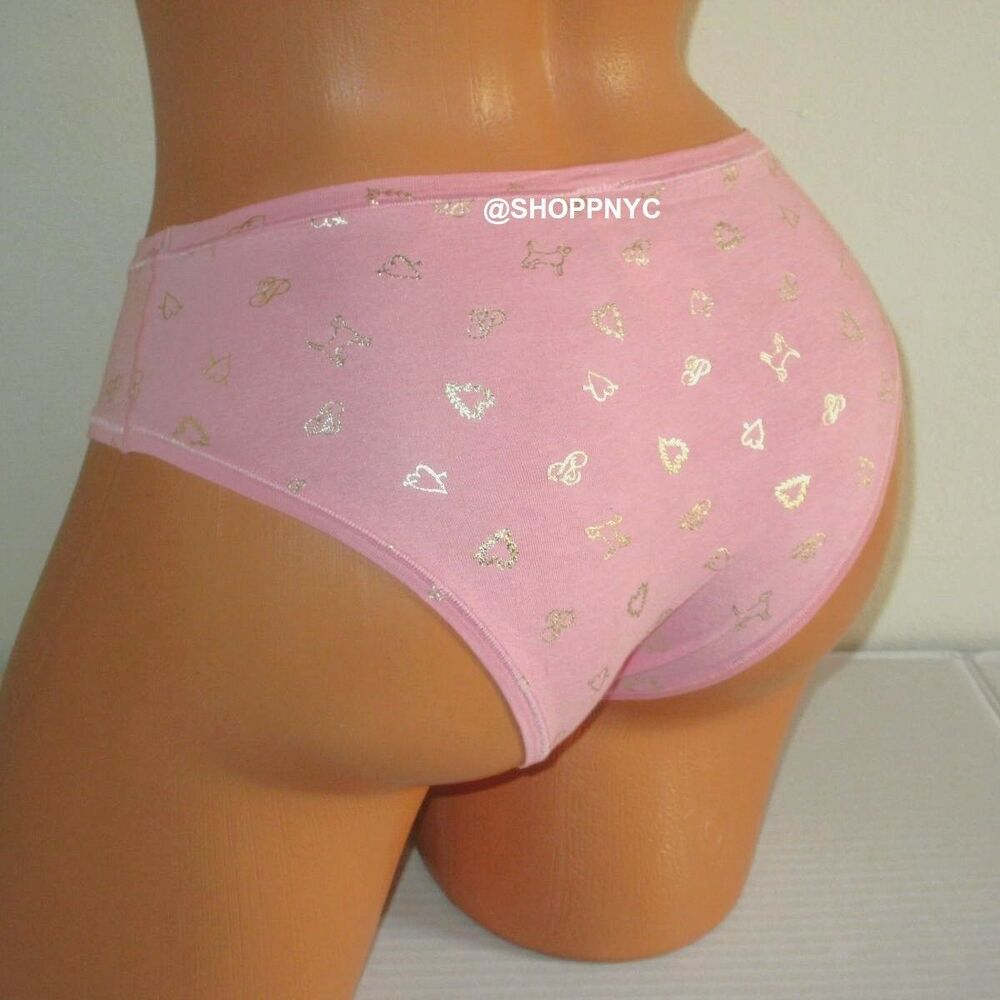 PINK Victoria Secret Cotton Cheeky Panty Peach Pink Gold Hearts Dogs Logo S M L